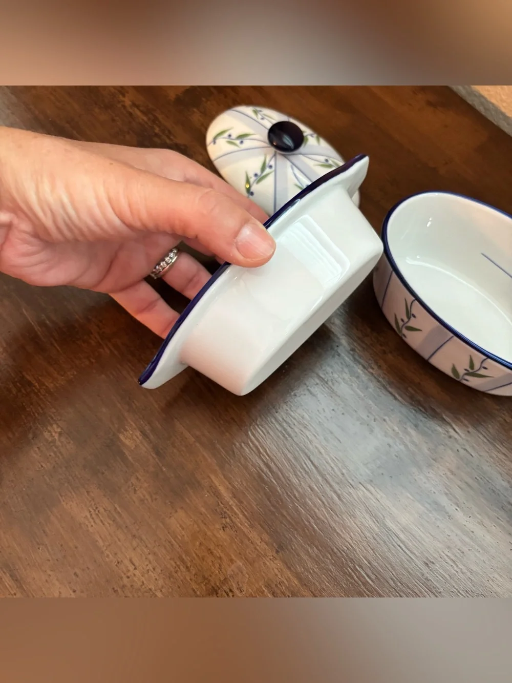 Vntg 3 Piece Cook Street Butter Boat Blueberry Floral Vine Water Cooled Butter